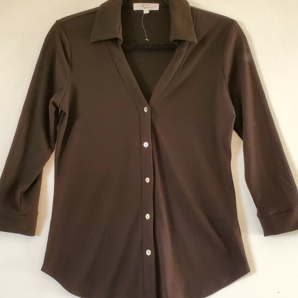 Beacon Apparel Button Top Blouse Black Women Size Small NWOT - Picture 2 of 6